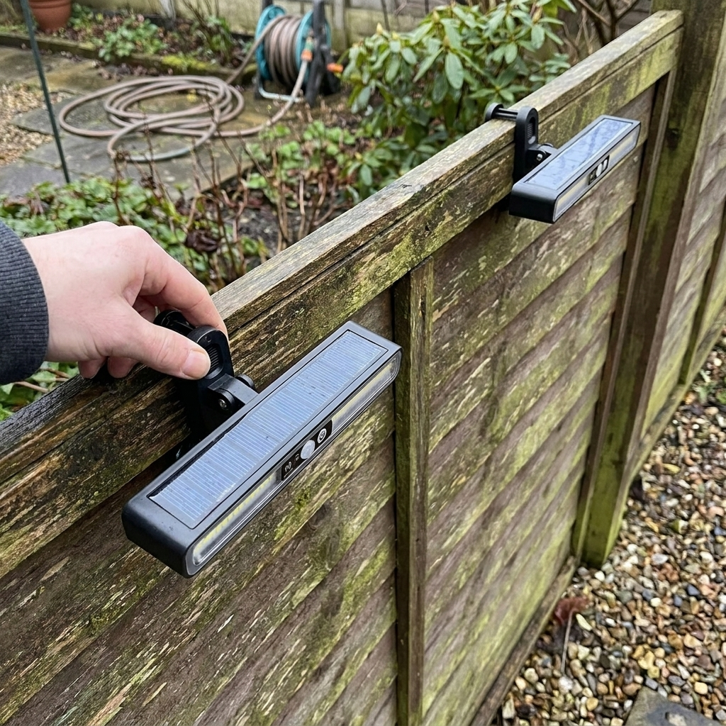 Solar fence light being clipped onto a wooden fence panel