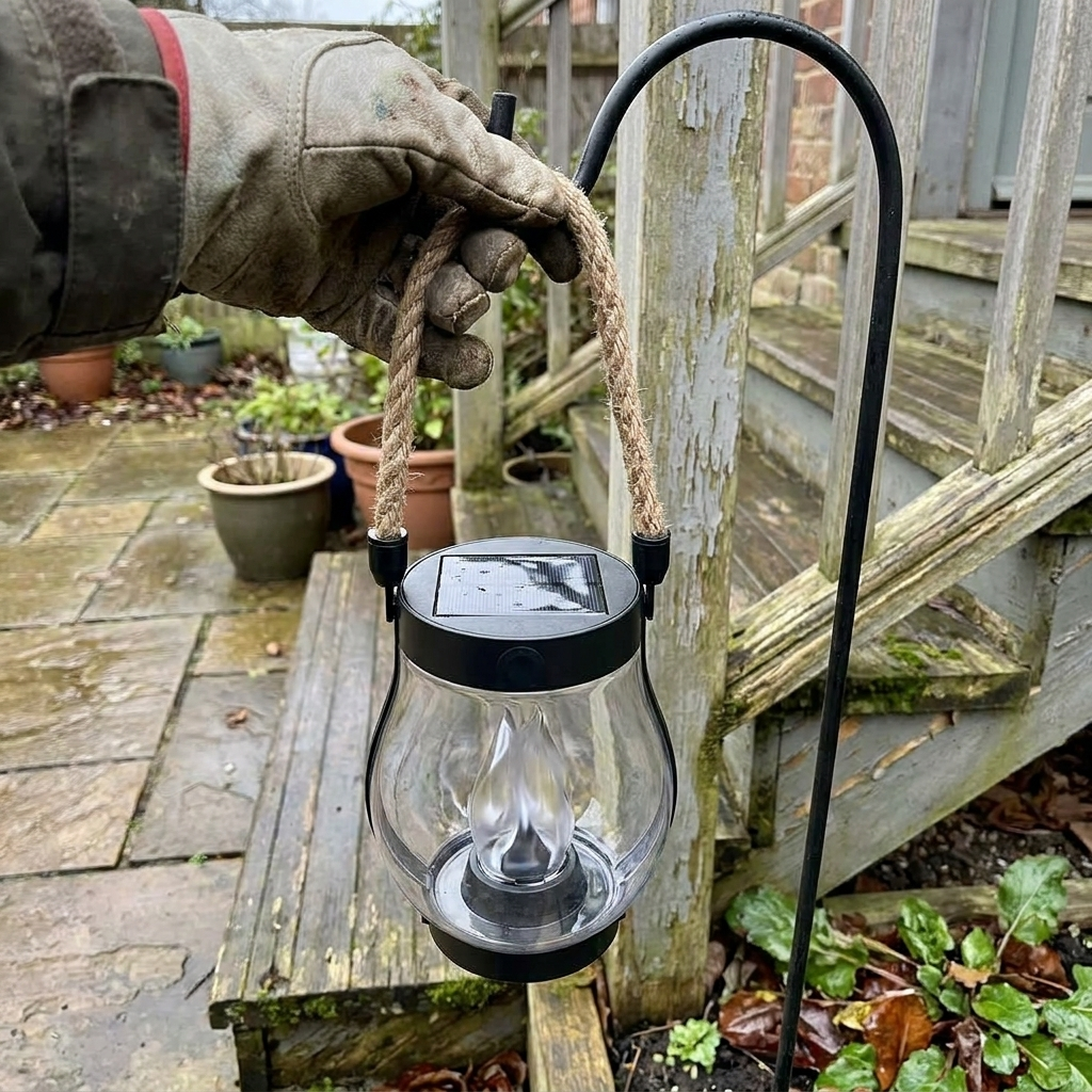 Solar flame lantern hanging from a hook beside a porch step