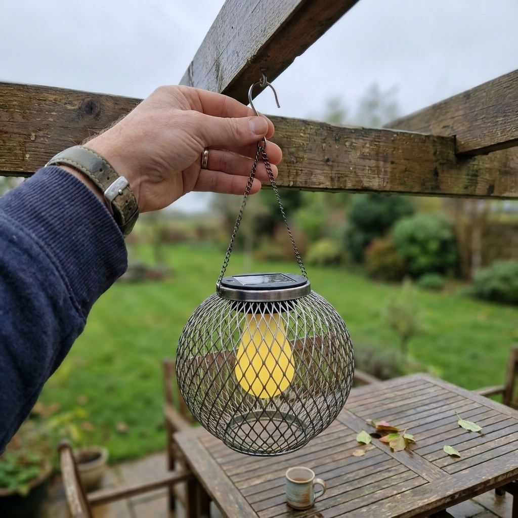 Solar hanging lantern hooked onto a pergola beam over a patio