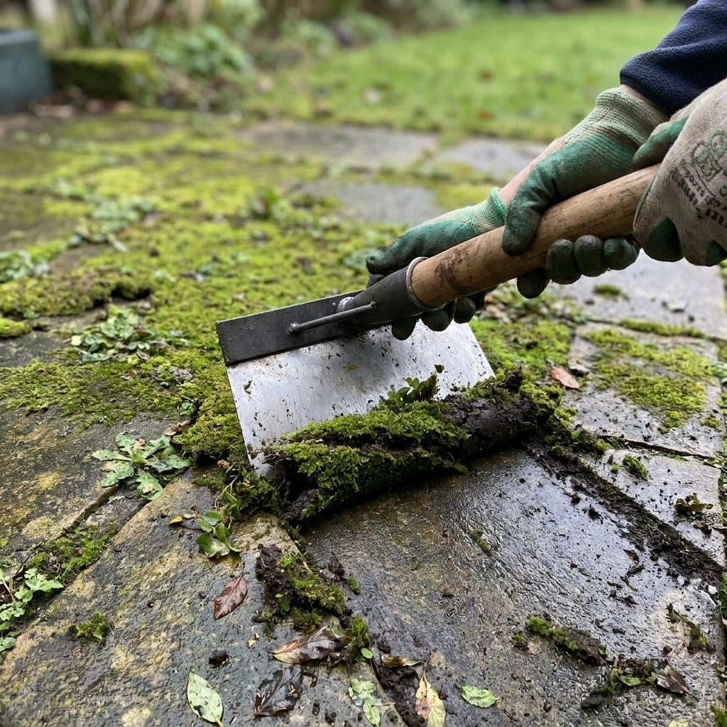 Garden cleaning shovel scraping moss from a patio