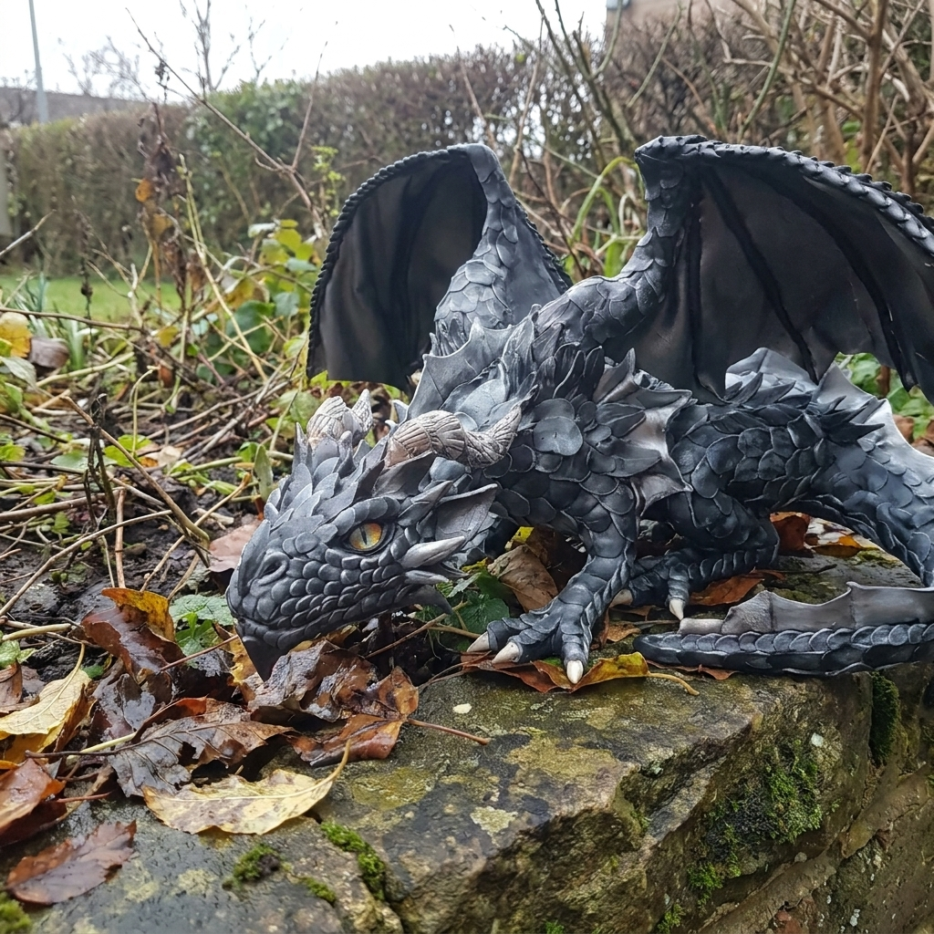 Gothic dragon garden statue on a mossy stone wall