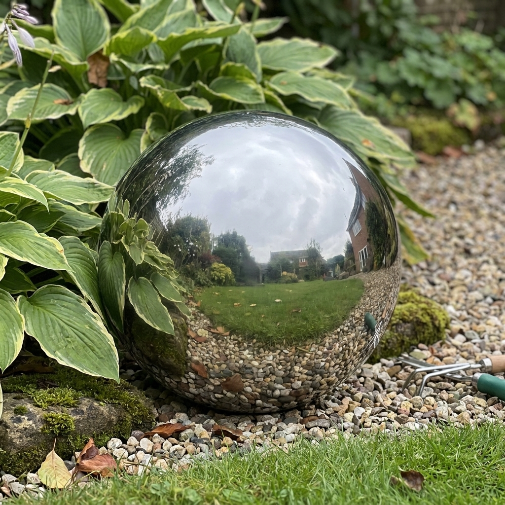 Stainless steel gazing ball in a garden border