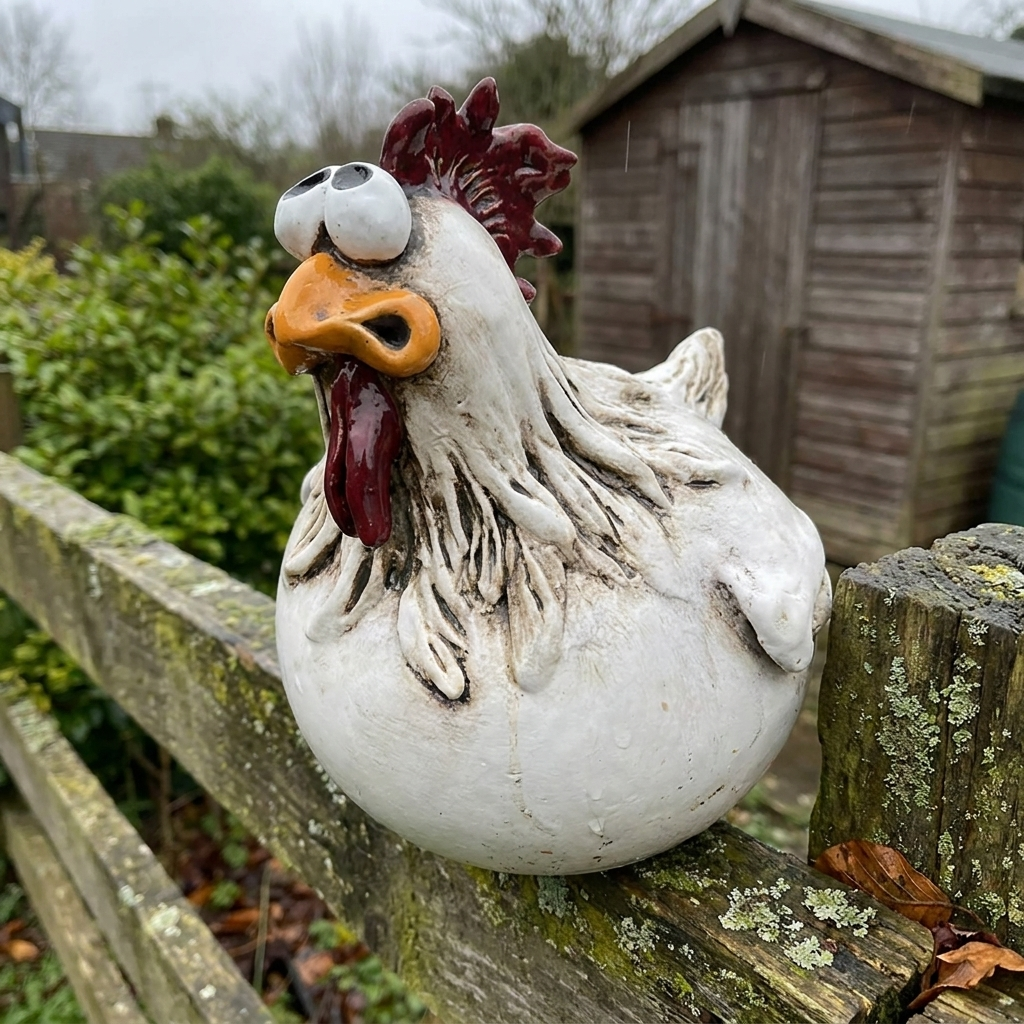 Funny chicken ornament perched on a garden fence