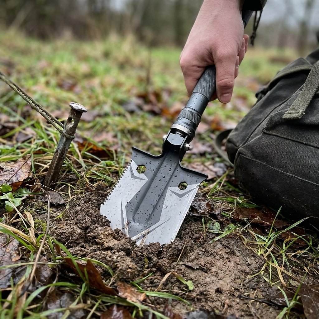 Folding survival shovel digging at a campsite