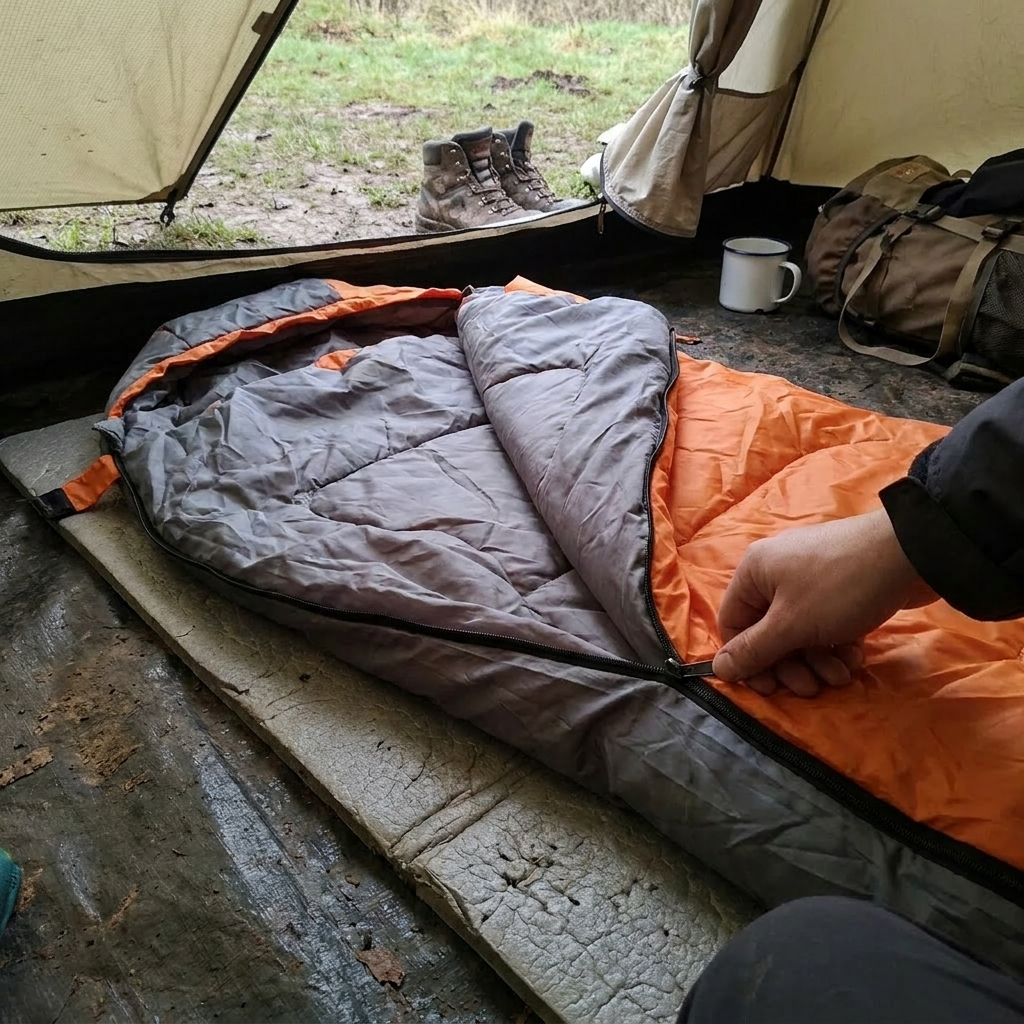 Adult sleeping bag unrolled inside a tent