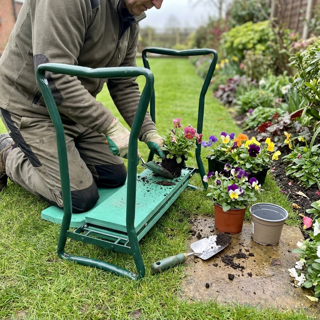 Garden kneeler and seat in use beside a flower border