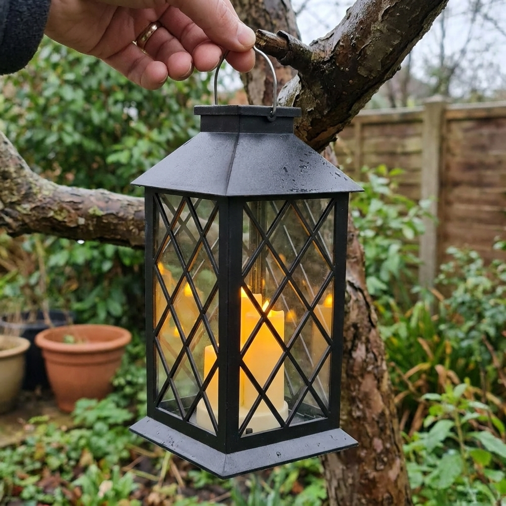 Solar hanging lantern with LED candles hanging from a tree branch