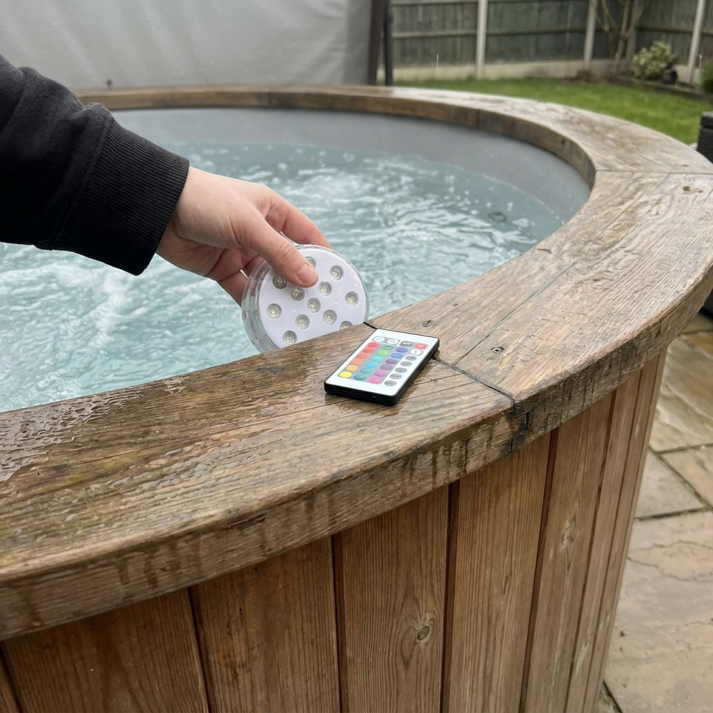 Submersible LED pool light being lowered into a garden hot tub