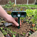 Solar ultrasonic animal repeller staked into a vegetable bed
