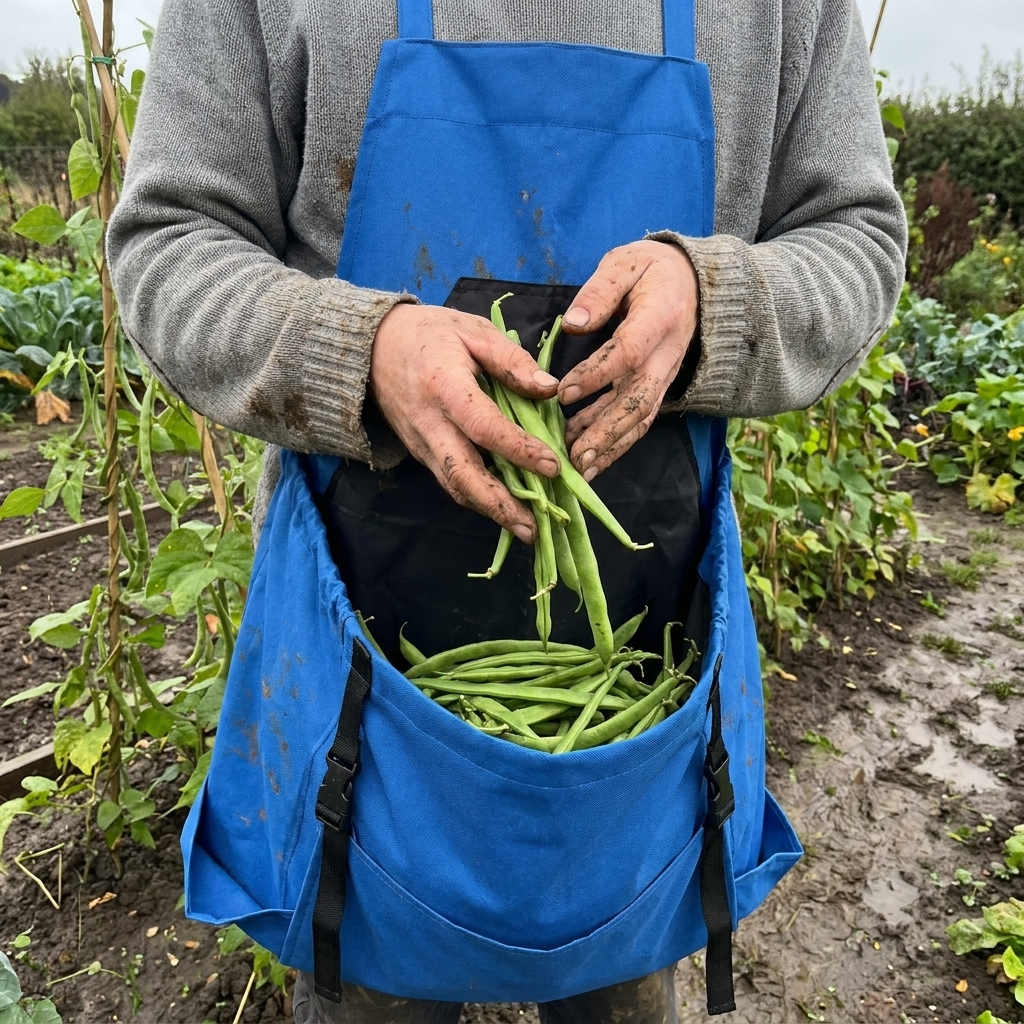 Garden harvesting apron holding freshly picked vegetables