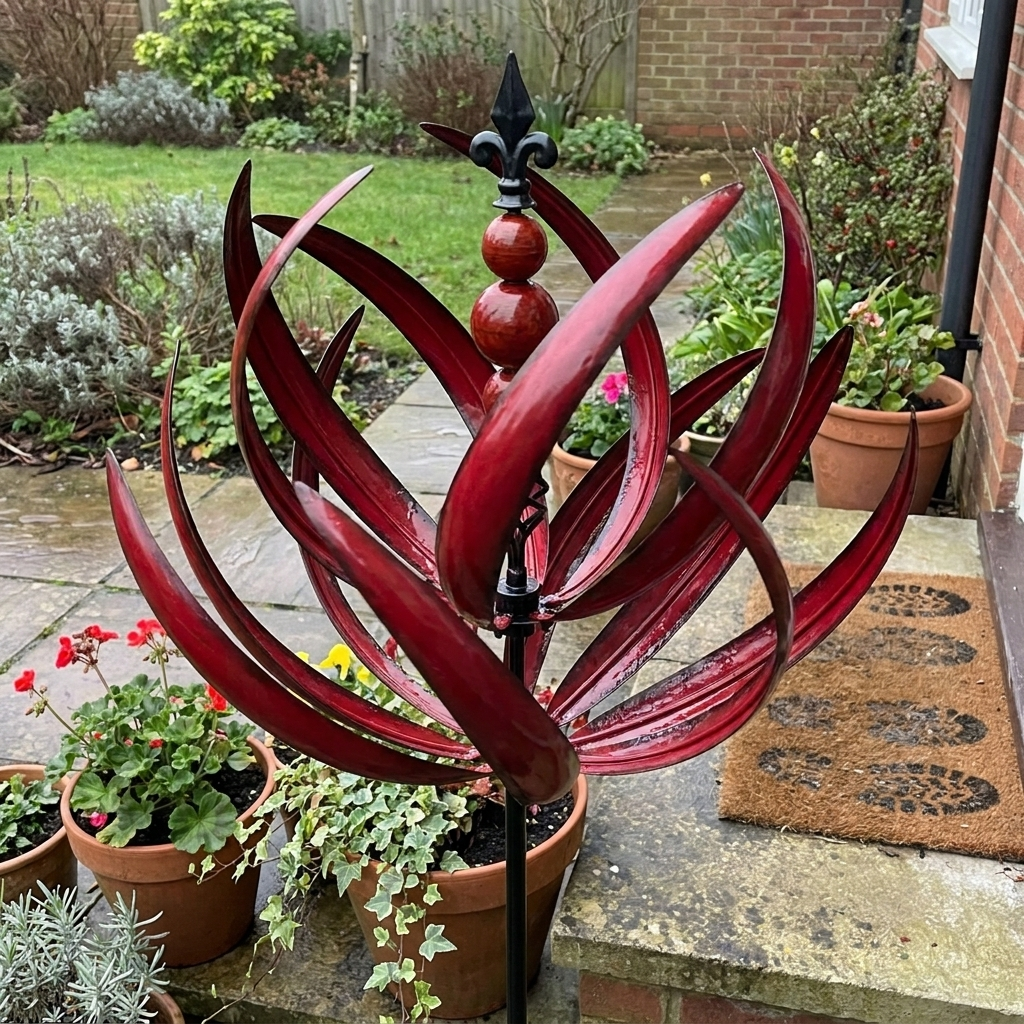 Metal wind spinner by a porch step with potted plants