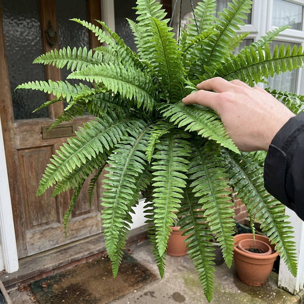 Artificial Boston fern hanging by a porch door