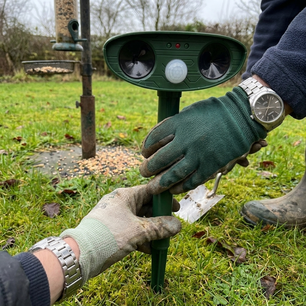 Solar ultrasonic squirrel repeller set into a garden lawn