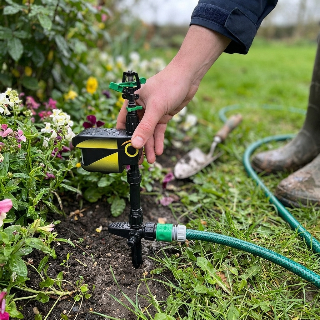 Motion activated deer sprinkler staked beside a flower border