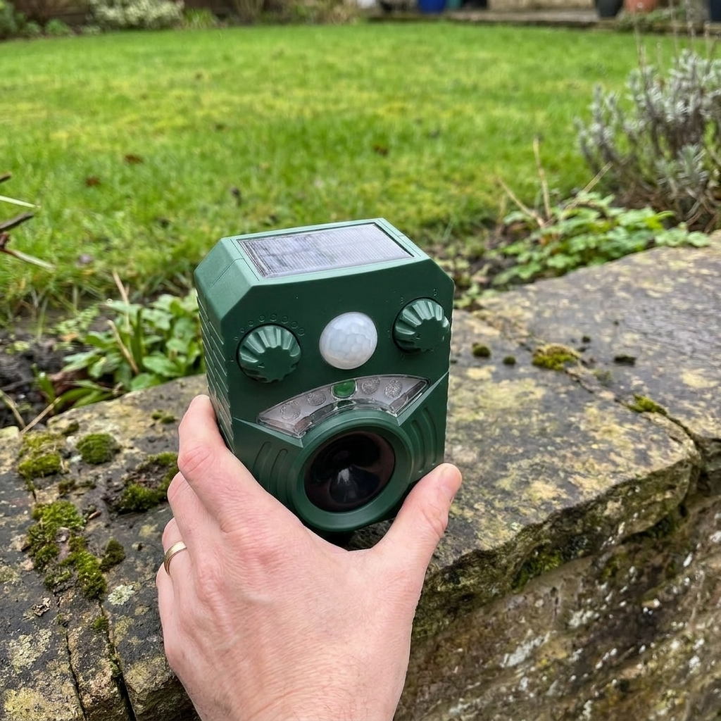 Ultrasonic cat and dog deterrent placed on a low garden wall