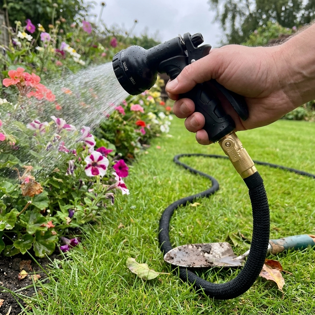 Expandable garden hose watering a flower border