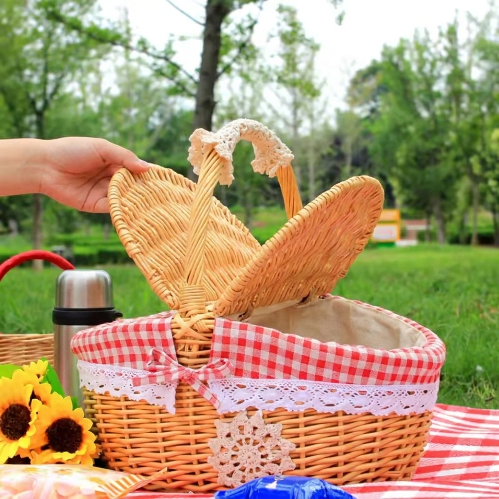 Wicker picnic basket open on a picnic blanket in a park