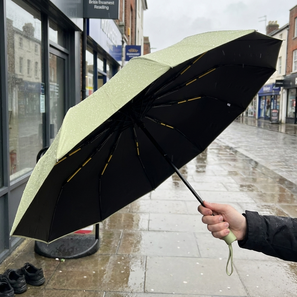Windproof folding umbrella held open in the rain
