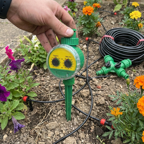 Drip irrigation kit with timer watering garden plants