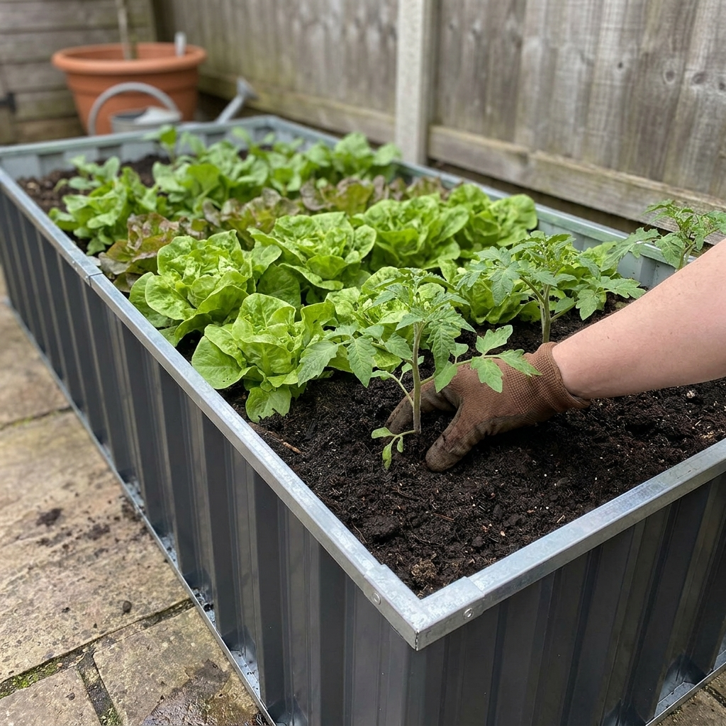 Raised garden bed planted with vegetables on a patio