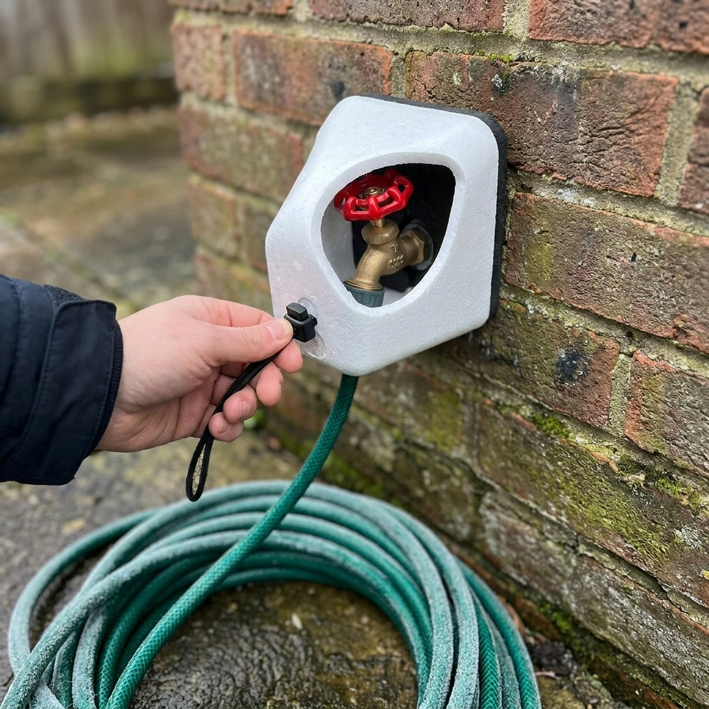 Insulated tap cover fitted over an outdoor garden tap