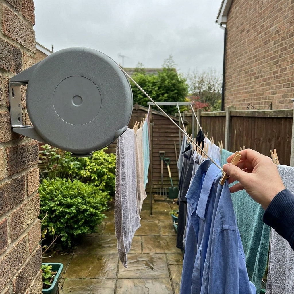 Retractable washing line with laundry in a back garden