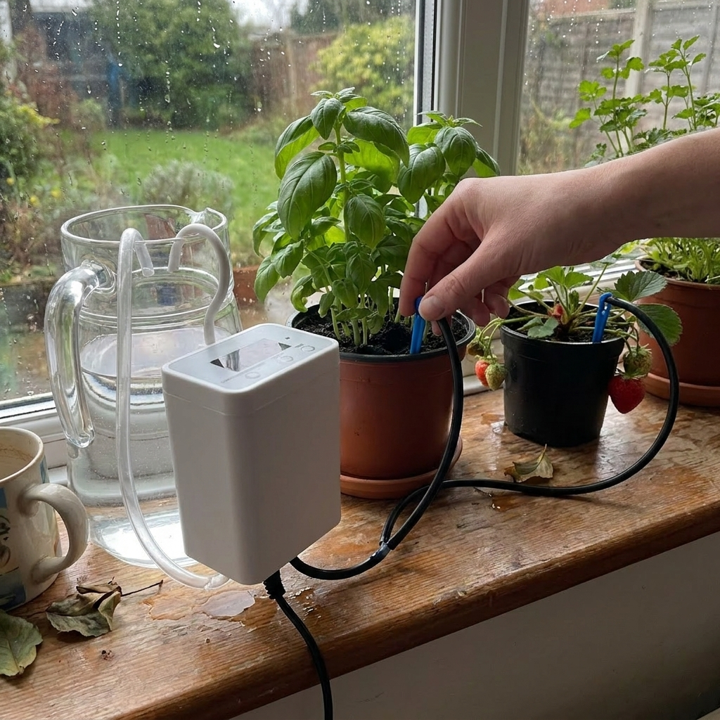 Automatic watering pump feeding potted houseplants