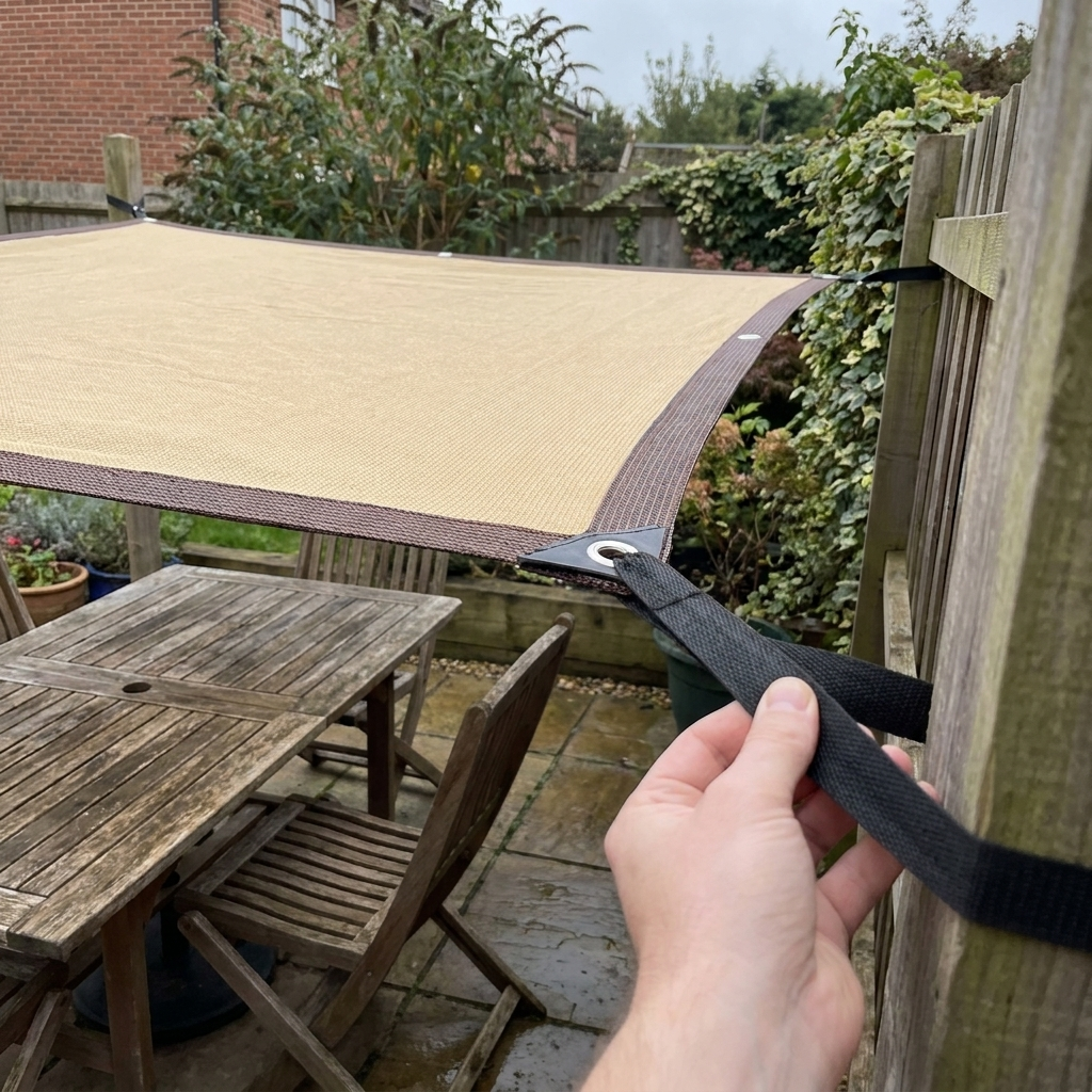 Sun shade sail stretched over a garden patio