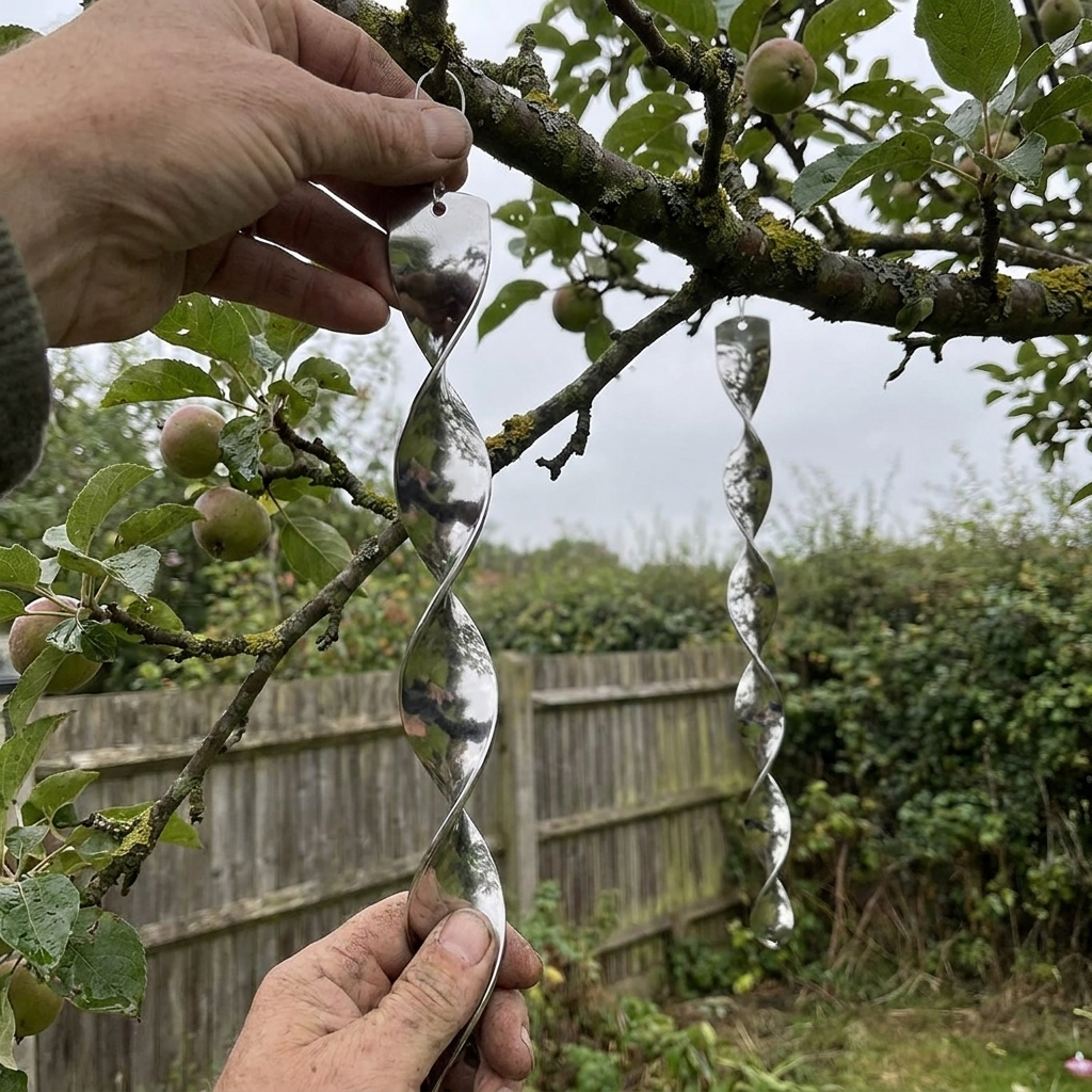 Reflective spiral bird deterrent rod hung from a fruit tree branch