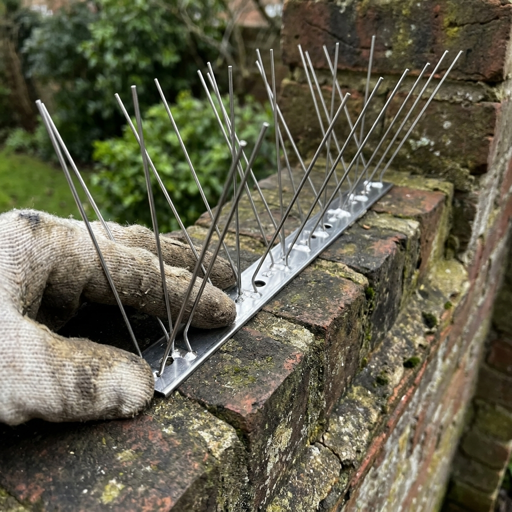 Stainless steel bird spikes being fitted on a garden wall ledge