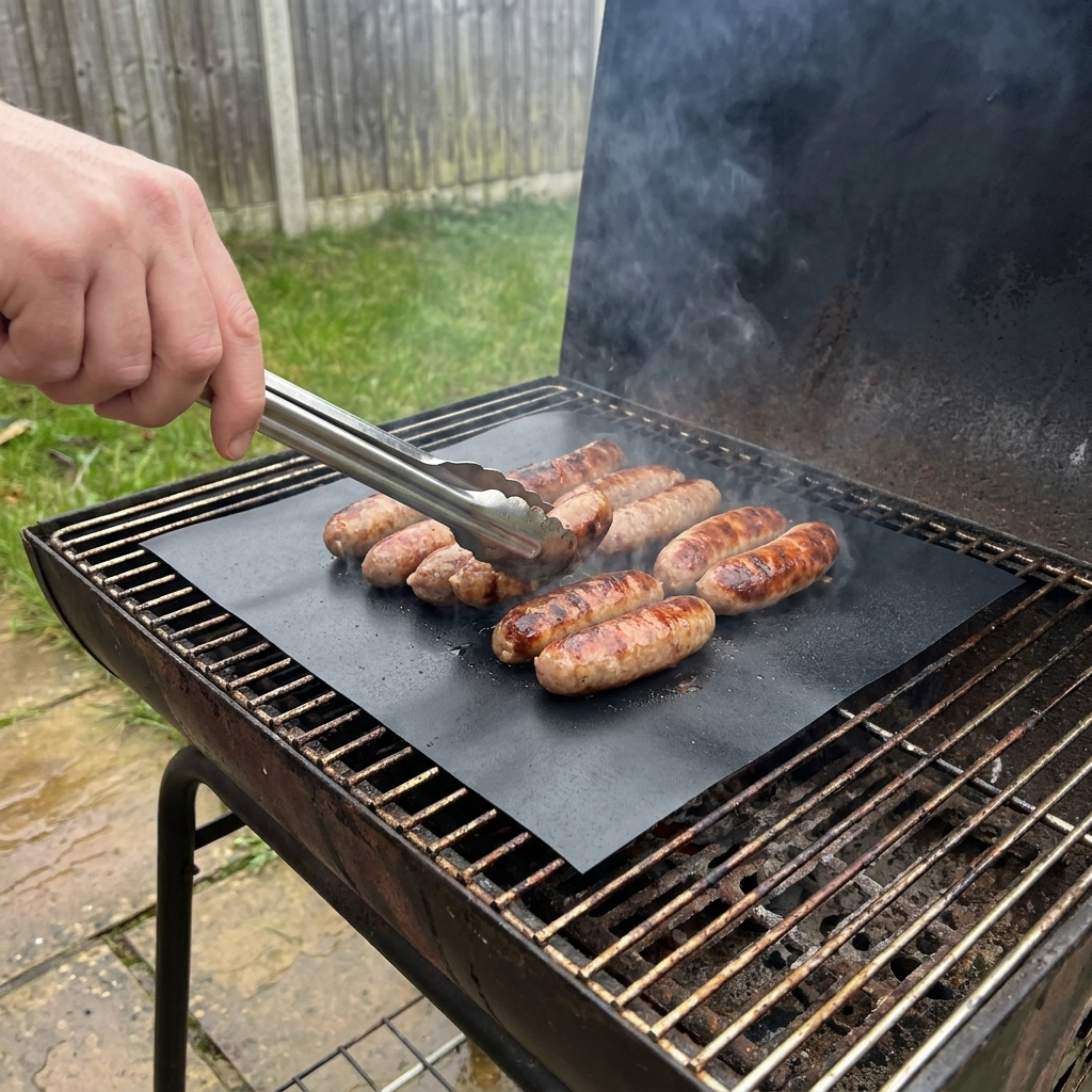 Non-stick BBQ grill mat in use on a garden barbecue