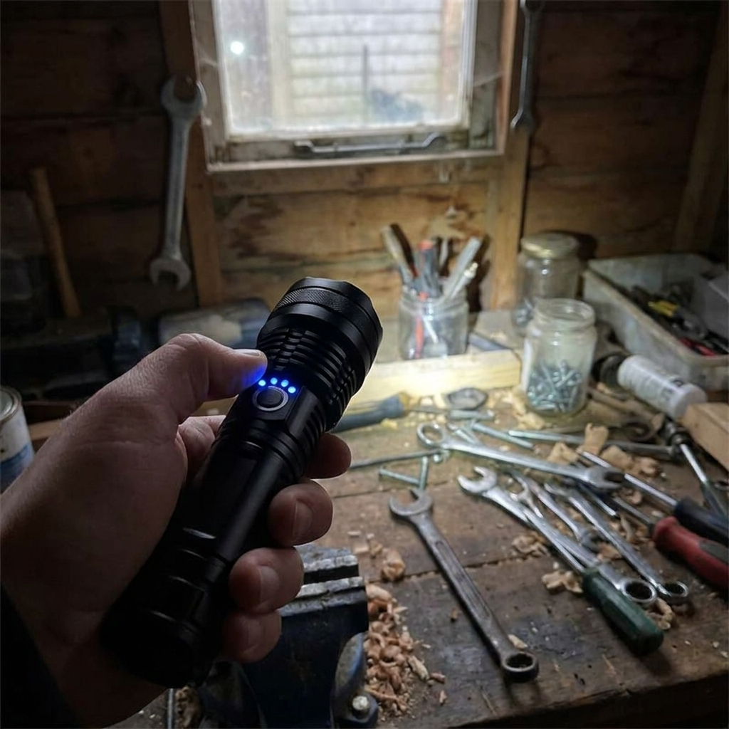 Rechargeable LED torch lighting a shed workbench