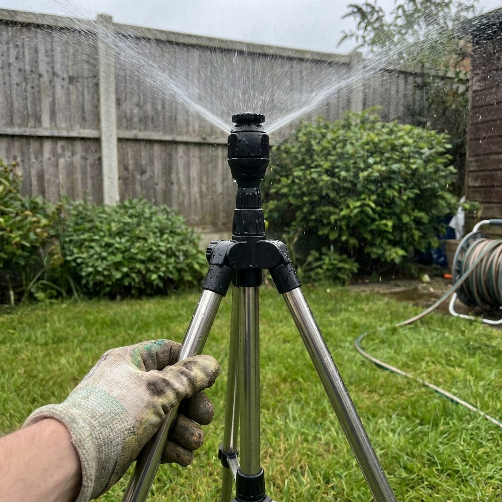 Rotating tripod sprinkler watering a garden lawn