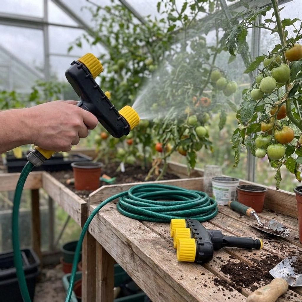 Misting spray nozzle in use over greenhouse plants