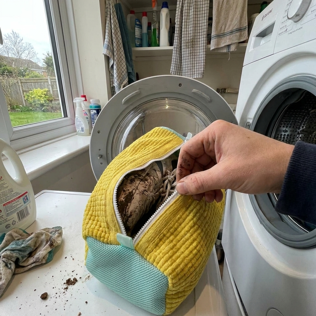 Shoe washing bag with trainers beside a washing machine