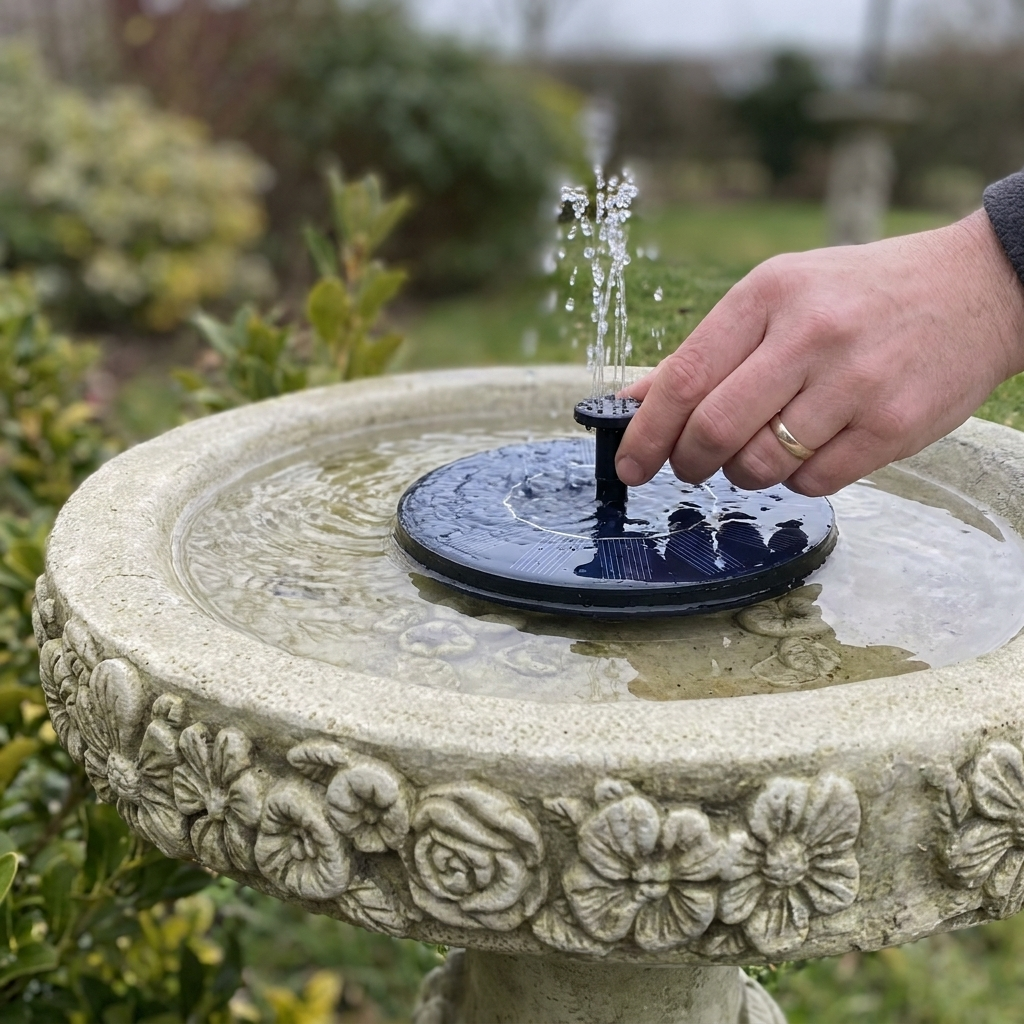 Solar water fountain spraying in a garden birdbath