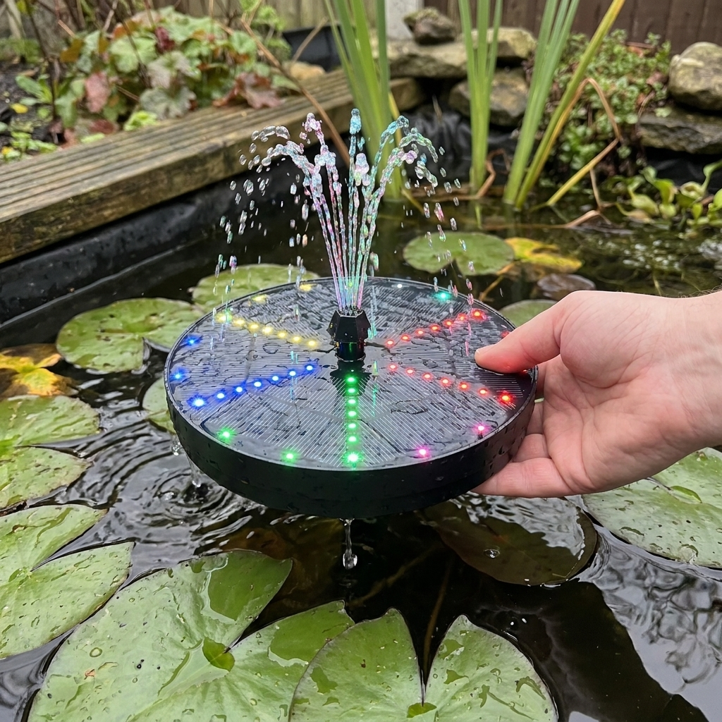 Solar LED fountain floating on a garden pond