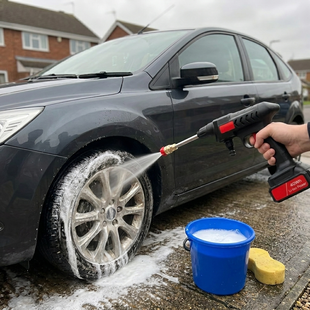 Cordless pressure washer gun rinsing a car on a driveway
