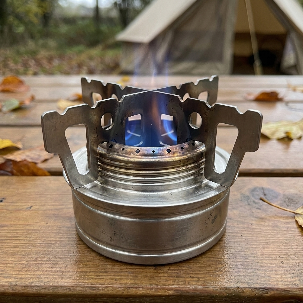 Mini stainless steel alcohol camping stove lit at a campsite